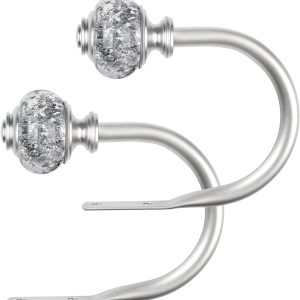 2 Pack Curtain Holdbacks, USFOOK Silver Decorative Window Drapery Tiebacks, Curtain Tie Back Hooks for Wall with Translucent Finials (4.3" L x 3.4" W)