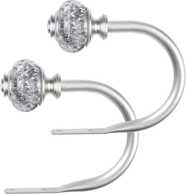 2 Pack Curtain Holdbacks, USFOOK Silver Decorative Window Drapery Tiebacks, Curtain Tie Back Hooks for Wall with Translucent Finials (4.3" L x 3.4" W)