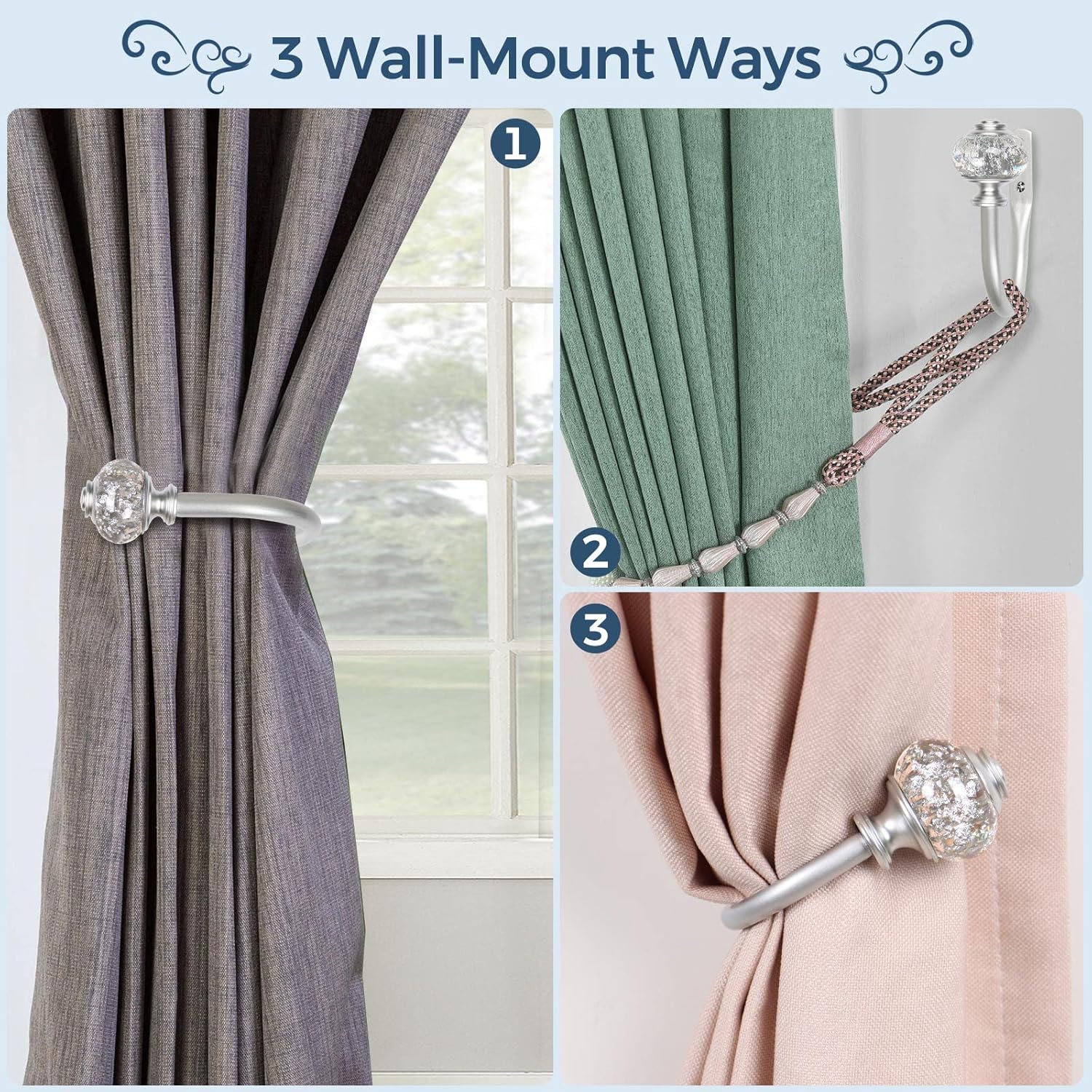 2 Pack Curtain Holdbacks, USFOOK Silver Decorative Window Drapery Tiebacks, Curtain Tie Back Hooks for Wall with Translucent Finials (4.3" L x 3.4" W) - Image 4