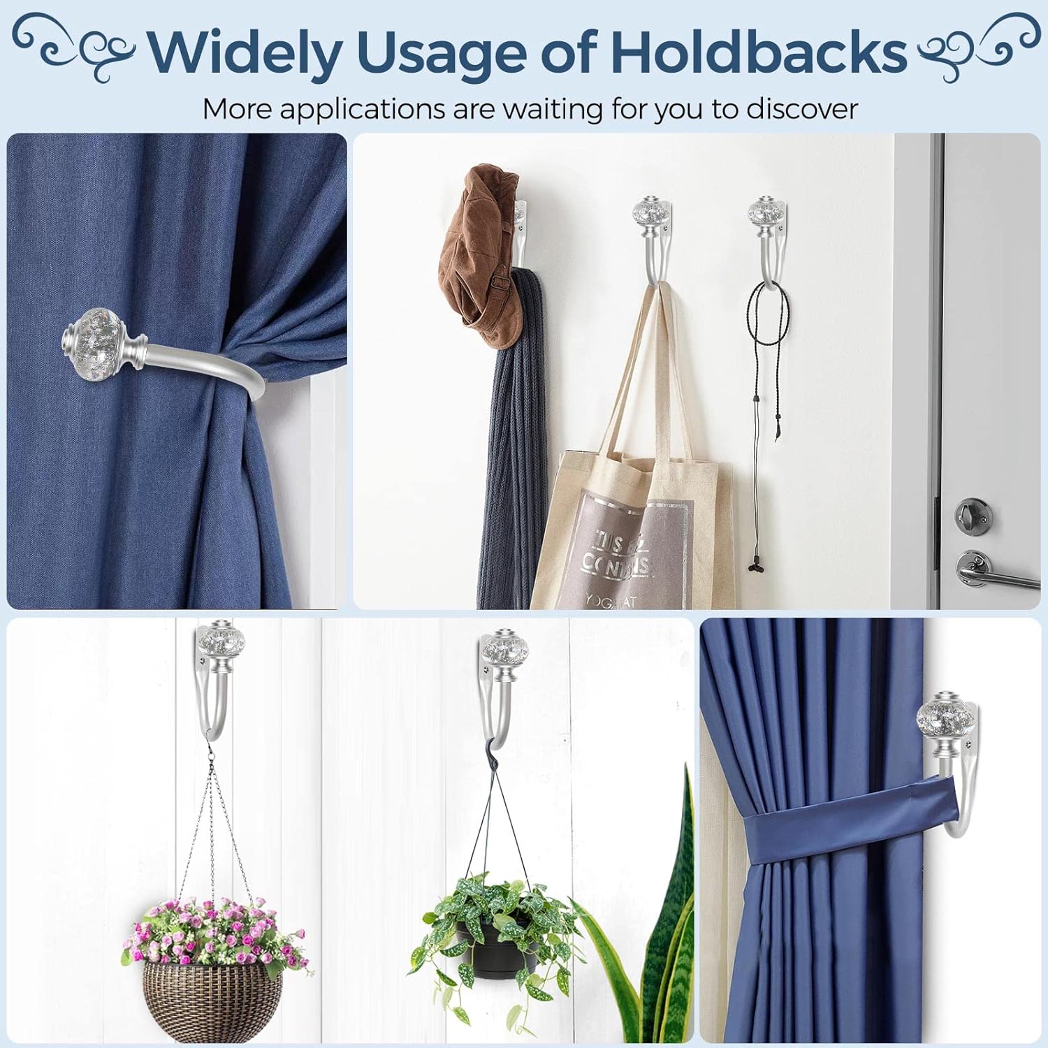 2 Pack Curtain Holdbacks, USFOOK Silver Decorative Window Drapery Tiebacks, Curtain Tie Back Hooks for Wall with Translucent Finials (4.3" L x 3.4" W) - Image 5