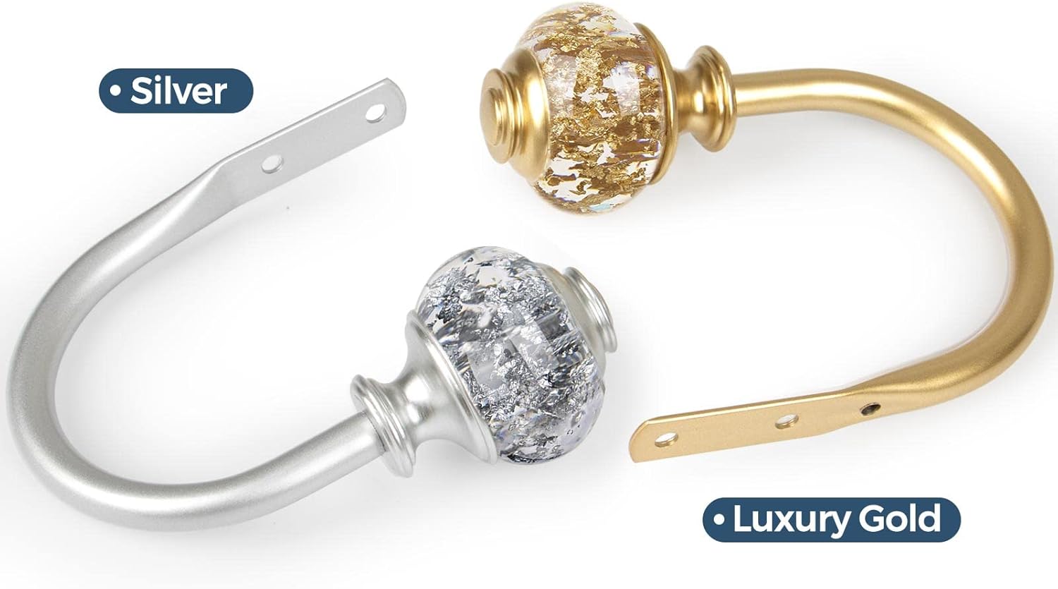 2 Pack Curtain Holdbacks, USFOOK Silver Decorative Window Drapery Tiebacks, Curtain Tie Back Hooks for Wall with Translucent Finials (4.3" L x 3.4" W) - Image 6