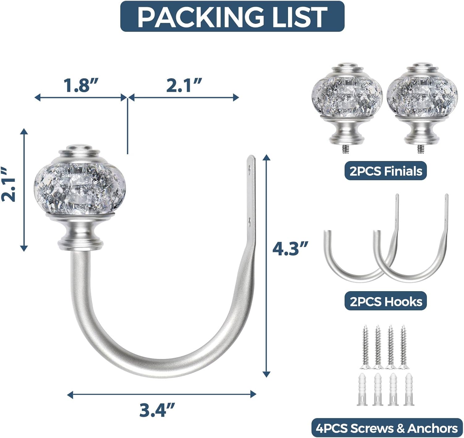 2 Pack Curtain Holdbacks, USFOOK Silver Decorative Window Drapery Tiebacks, Curtain Tie Back Hooks for Wall with Translucent Finials (4.3" L x 3.4" W) - Image 7