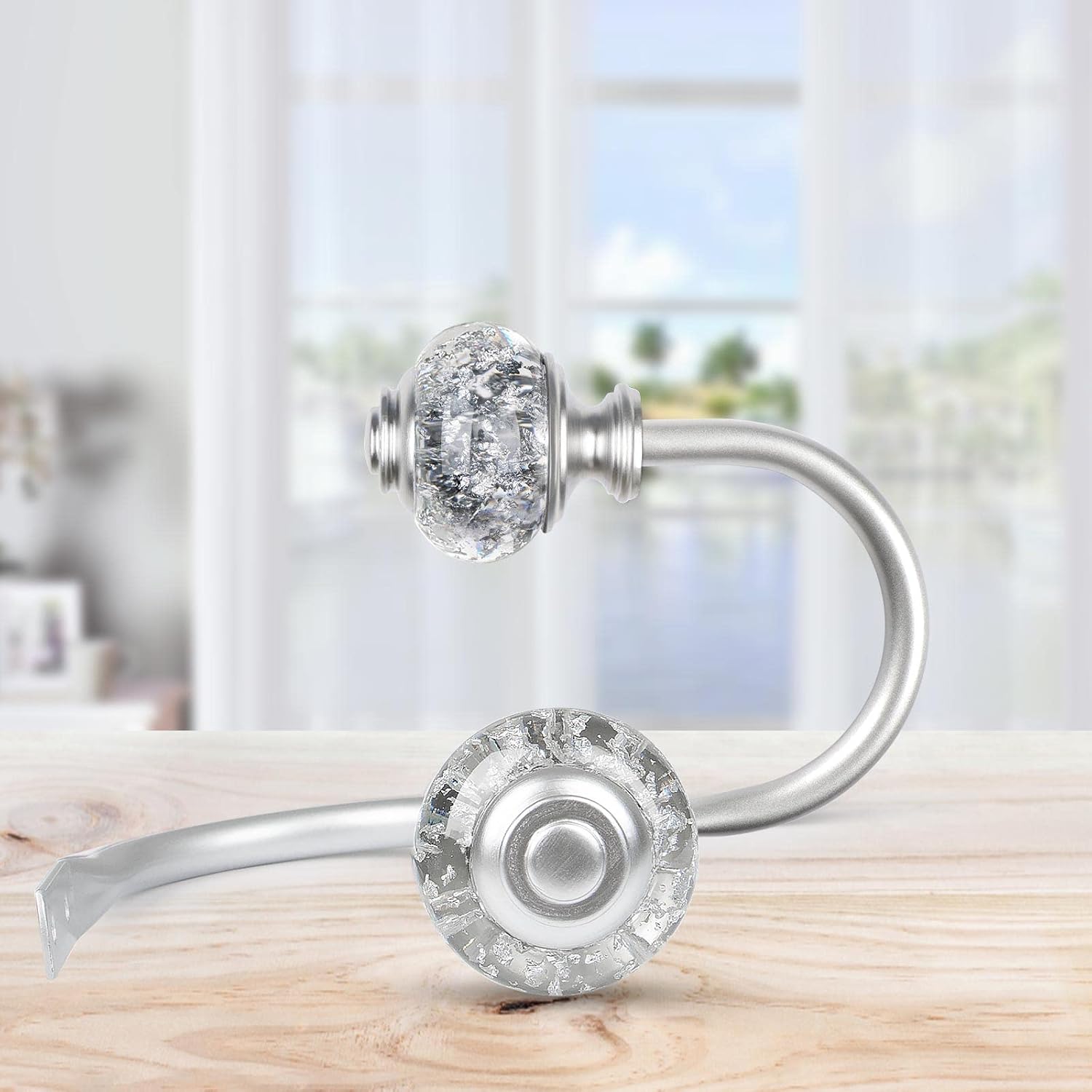 2 Pack Curtain Holdbacks, USFOOK Silver Decorative Window Drapery Tiebacks, Curtain Tie Back Hooks for Wall with Translucent Finials (4.3" L x 3.4" W) - Image 9