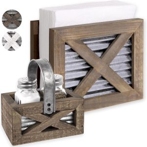 Autumn Alley Farmhouse Napkin Holder and Adorable Farmhouse Salt and Pepper Shakers Set With Wood Holder - Western Kitchen, Galvanized Metal - Upright Rustic Napkin Holder Rustic Kitchen Décor (Brown)