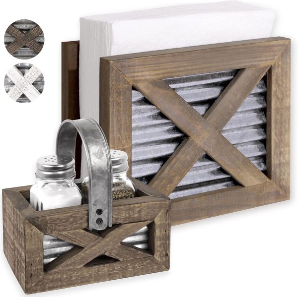 Autumn Alley Farmhouse Napkin Holder and Adorable Farmhouse Salt and Pepper Shakers Set With Wood Holder - Western Kitchen, Galvanized Metal - Upright Rustic Napkin Holder Rustic Kitchen Décor (Brown)