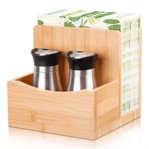 Bamboo Salt Pepper Napkin Holder Set for Kitchen Dining Table, Natural Napkin Holder Stand with Salt Pepper Caddy Restaurant Lunch Napkin Holder Organizer
