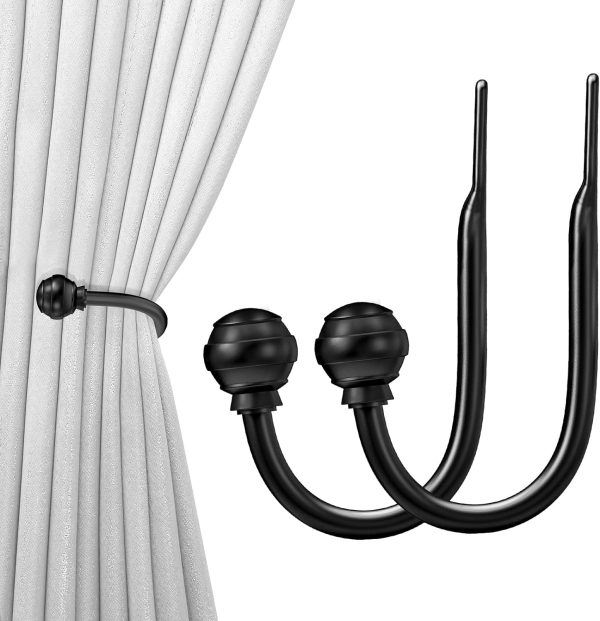Hion Curtain Holdbacks Black 2pcs, Curtain Tiebacks Wall Mounted Curtain Hooks Holders for Drapes