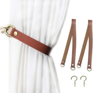 Leather Curtain Tie Backs 2Pcs glrovazas Leather Curtain Rod Holder Window Treatment Holdbacks, Leather Drapery Tiebacks with Metal Hooks Leather Drapery Tiebacks for Balcony Room Cafe (Red Brown)