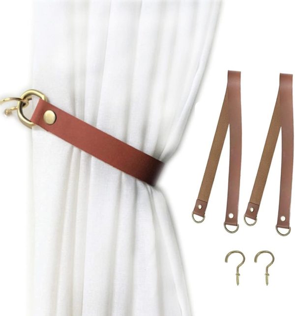 Leather Curtain Tie Backs 2Pcs glrovazas Leather Curtain Rod Holder Window Treatment Holdbacks, Leather Drapery Tiebacks with Metal Hooks Leather Drapery Tiebacks for Balcony Room Cafe (Red Brown)