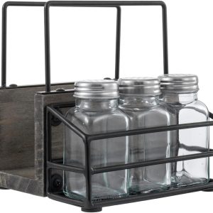 MyGift 4 Piece Set Vintage Gray Solid Wood and Industrial Black Metal Wire Napkin Holder and Spice Rack with 3 Glass Shakers for Salt, Pepper, or Seasonings