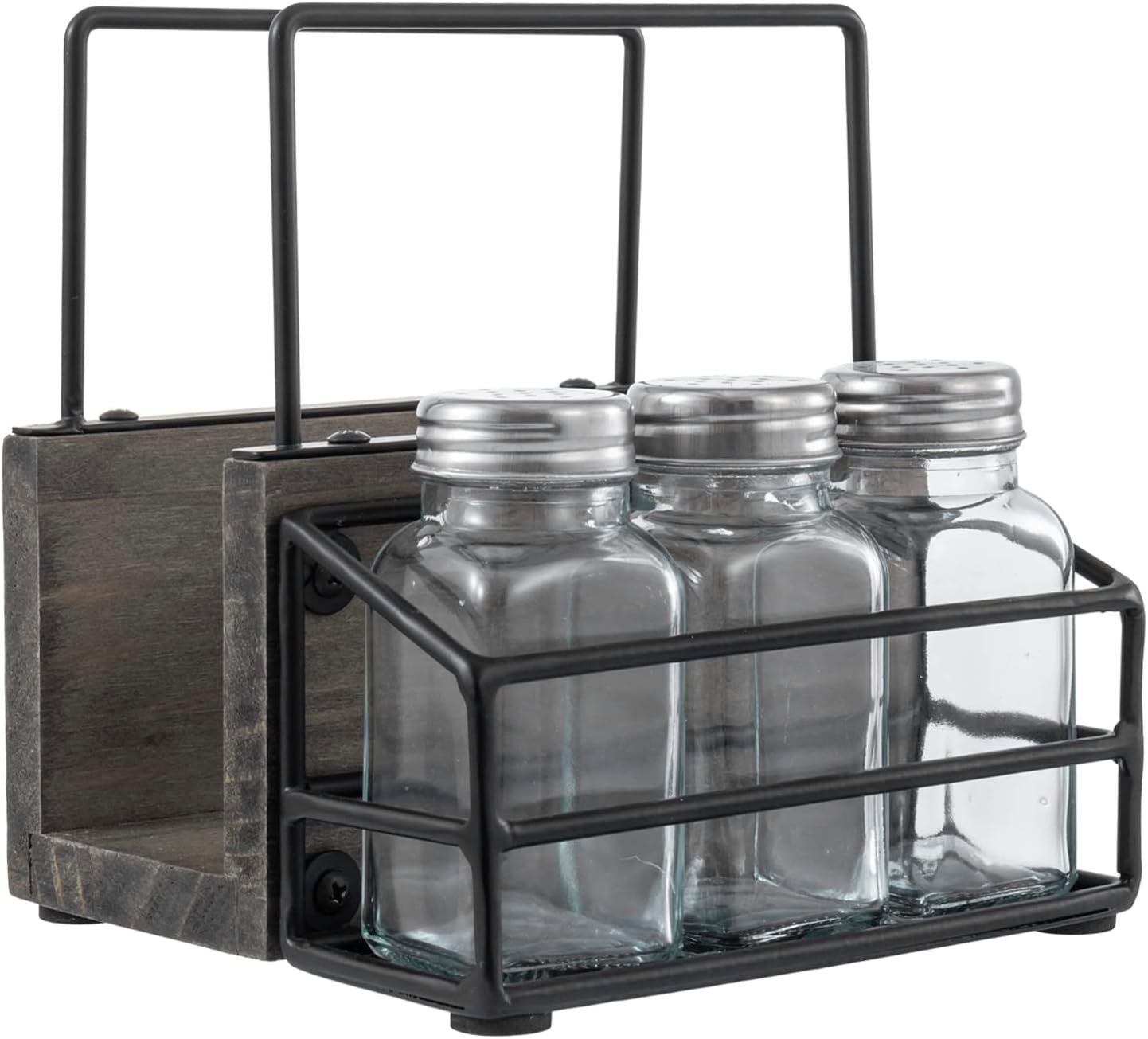 MyGift 4 Piece Set Vintage Gray Solid Wood and Industrial Black Metal Wire Napkin Holder and Spice Rack with 3 Glass Shakers for Salt, Pepper, or Seasonings
