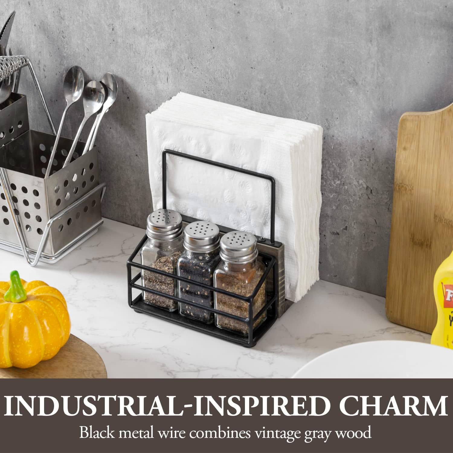 MyGift 4 Piece Set Vintage Gray Solid Wood and Industrial Black Metal Wire Napkin Holder and Spice Rack with 3 Glass Shakers for Salt, Pepper, or Seasonings - Image 3