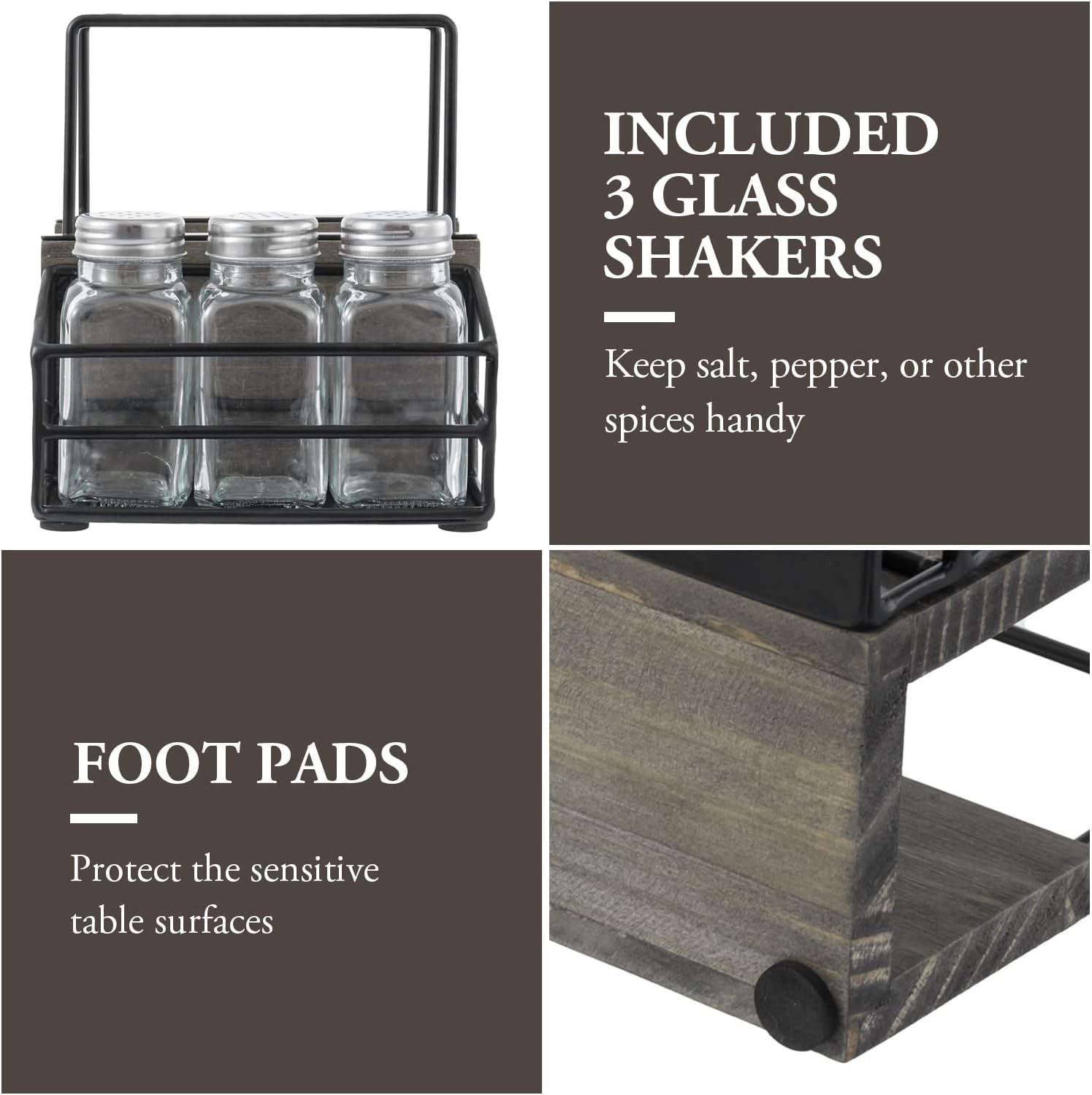 MyGift 4 Piece Set Vintage Gray Solid Wood and Industrial Black Metal Wire Napkin Holder and Spice Rack with 3 Glass Shakers for Salt, Pepper, or Seasonings - Image 4