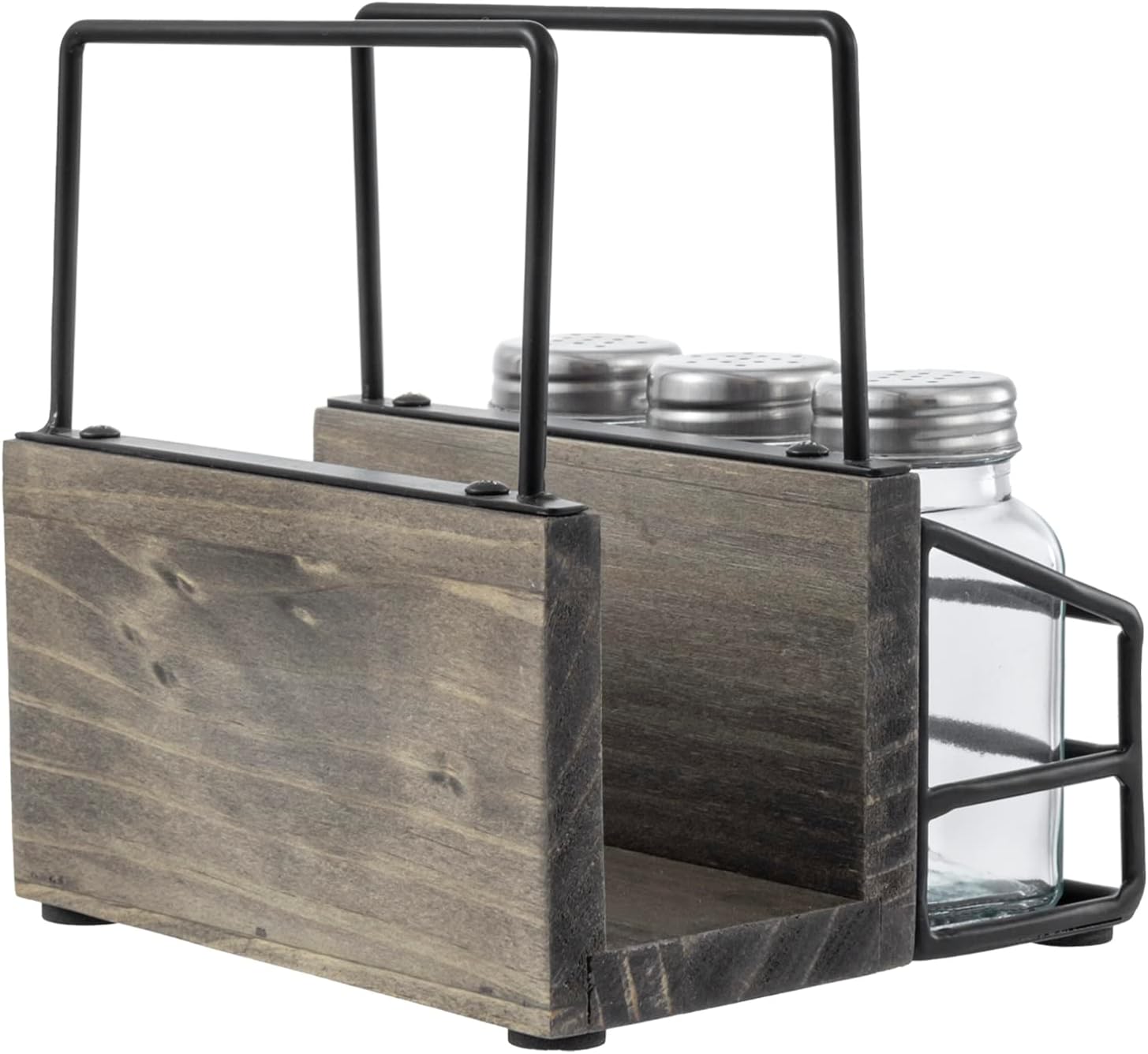 MyGift 4 Piece Set Vintage Gray Solid Wood and Industrial Black Metal Wire Napkin Holder and Spice Rack with 3 Glass Shakers for Salt, Pepper, or Seasonings - Image 6