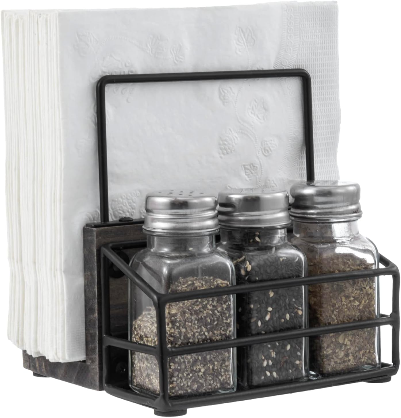 MyGift 4 Piece Set Vintage Gray Solid Wood and Industrial Black Metal Wire Napkin Holder and Spice Rack with 3 Glass Shakers for Salt, Pepper, or Seasonings - Image 7