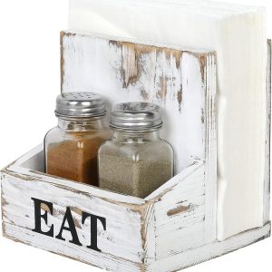 MyGift Whitewashed Wood Napkin Holder and Salt & Pepper Bottle Shaker Set, Condiment Caddy with Bold Black Printed EAT Design