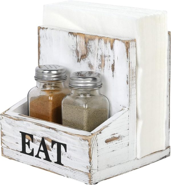 MyGift Whitewashed Wood Napkin Holder and Salt & Pepper Bottle Shaker Set, Condiment Caddy with Bold Black Printed EAT Design