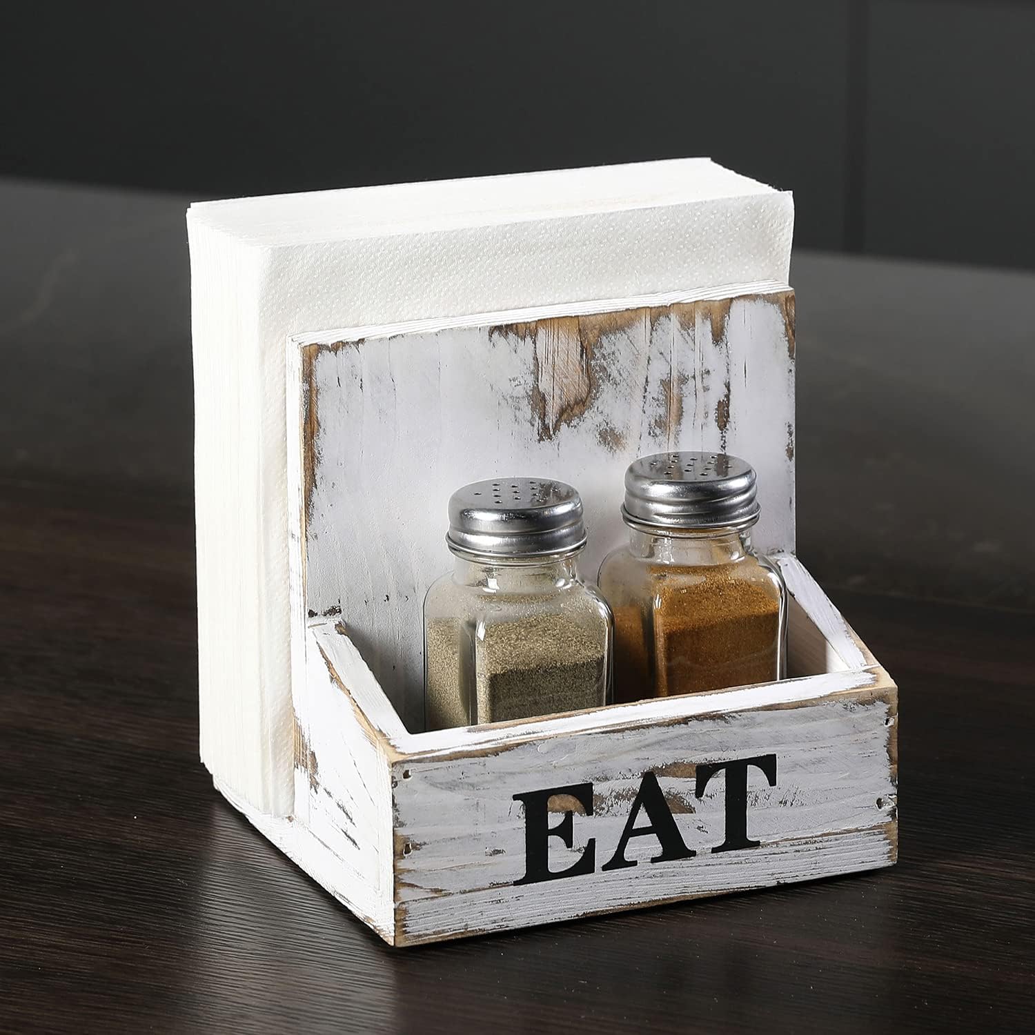 MyGift Whitewashed Wood Napkin Holder and Salt & Pepper Bottle Shaker Set, Condiment Caddy with Bold Black Printed EAT Design - Image 2