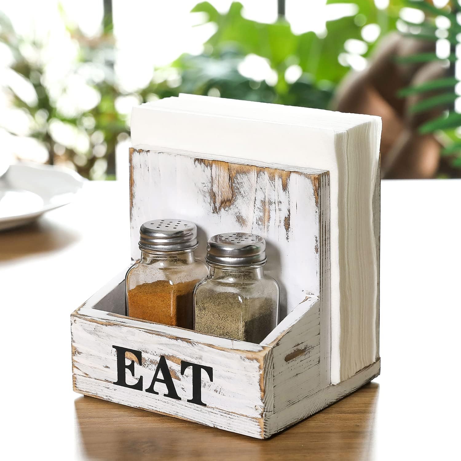 MyGift Whitewashed Wood Napkin Holder and Salt & Pepper Bottle Shaker Set, Condiment Caddy with Bold Black Printed EAT Design - Image 3