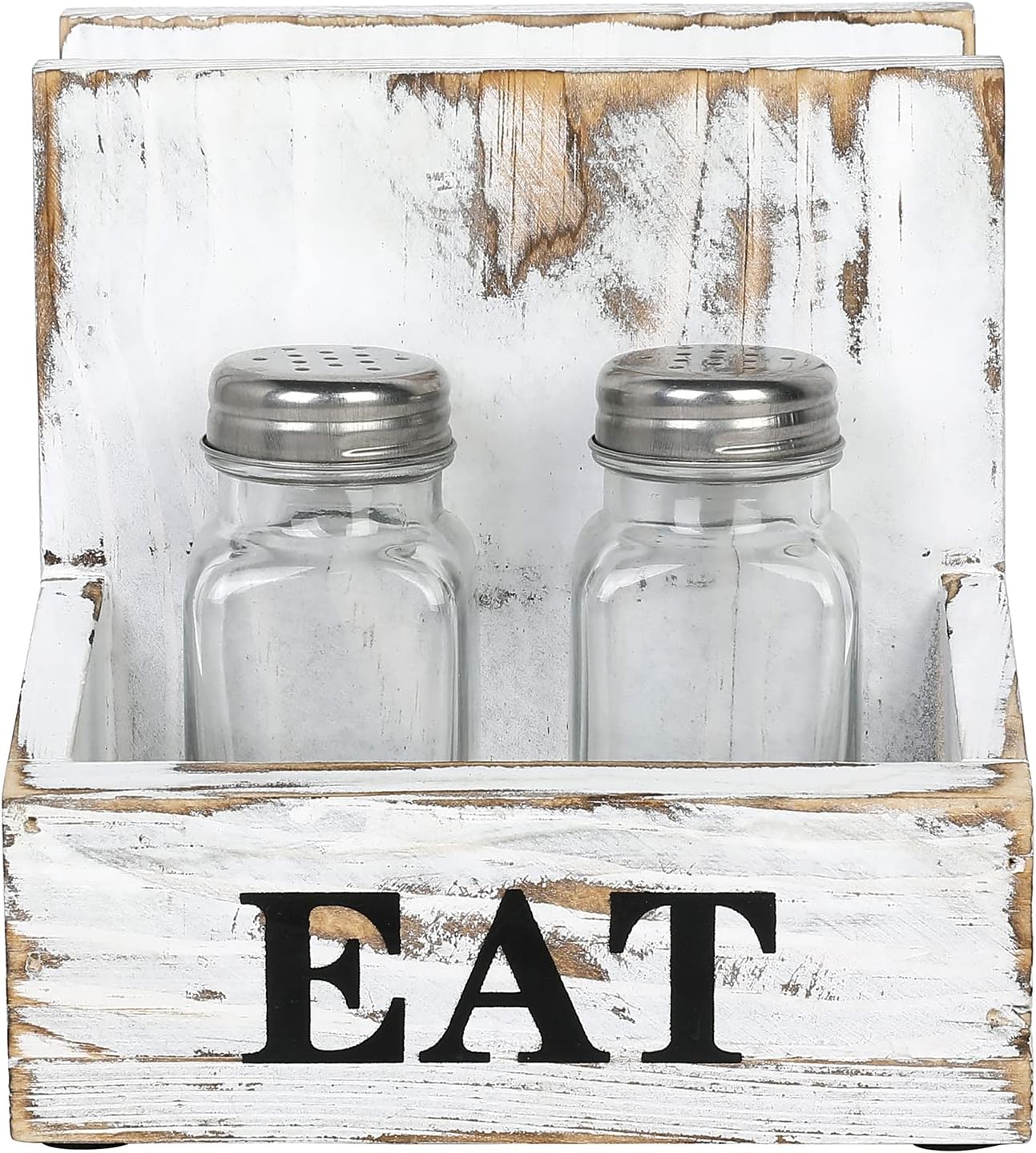 MyGift Whitewashed Wood Napkin Holder and Salt & Pepper Bottle Shaker Set, Condiment Caddy with Bold Black Printed EAT Design - Image 6