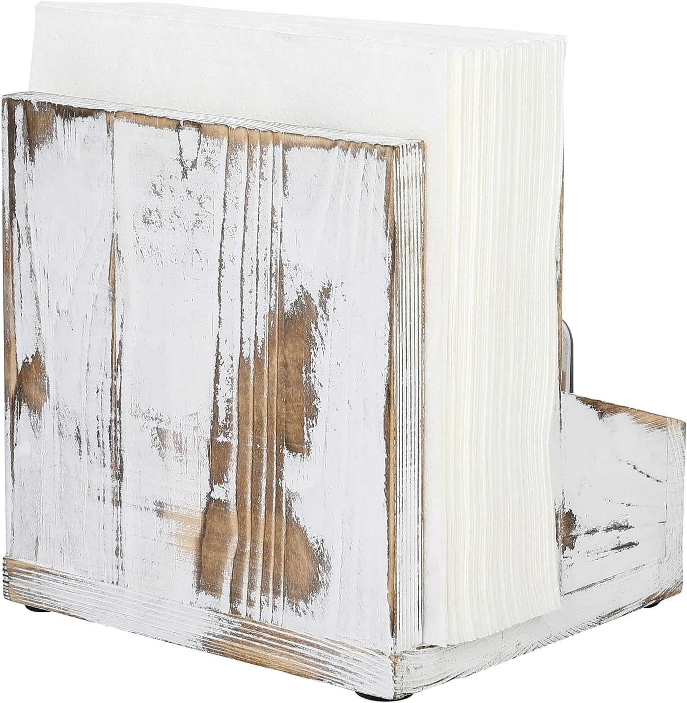 MyGift Whitewashed Wood Napkin Holder and Salt & Pepper Bottle Shaker Set, Condiment Caddy with Bold Black Printed EAT Design - Image 7