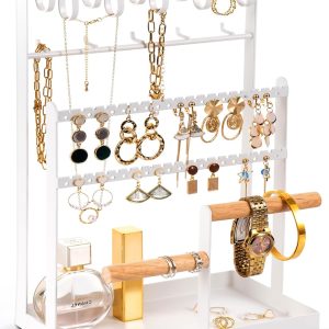 ProCase Jewelry Organizer Stand Necklace Organizer Earring Holder, 6 Tier Jewelry Stand Necklace Holder with 15 Hooks, Jewelry Tower Display Rack Storage Tree for Bracelets Earrings Rings -White