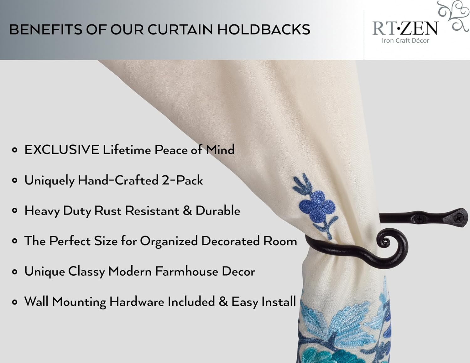RTZEN Curtain Holders for Wall - Farmhouse Curtain Hooks for Drapes - Creative Black Curtain Tiebacks - Wrought Iron Drapery Curtain Holdbacks - Unique Metal Tie Backs for Curtains - 2 Pcs - Image 2