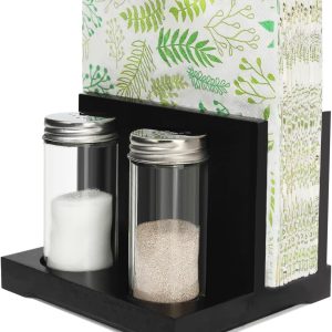 Rustic Napkin Holder with Salt and Pepper Shakers, Wooden Napkin Holder for Table with 2 Spice Bottles, Perfect for Dining Table, Kitchen, Restaurant