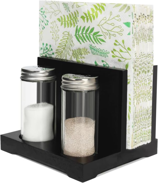 Rustic Napkin Holder with Salt and Pepper Shakers, Wooden Napkin Holder for Table with 2 Spice Bottles, Perfect for Dining Table, Kitchen, Restaurant