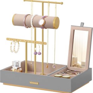 SONGMICS Jewelry Holder, Jewelry Organizer, Jewelry Display Stand, Metal Earring Organizer with Mirror, with Necklace Earring Bracelet Holder, for Rings, Gift Idea, Dove Gray and Gold UJJS022G01