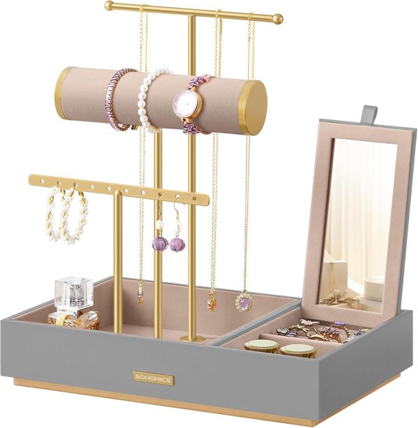 SONGMICS Jewelry Holder, Jewelry Organizer, Jewelry Display Stand with Metal Frame and Velvet Tray, Necklace Earring Bracelet Holder, for Studs, Rings, Gift Idea, White UJJS021W01