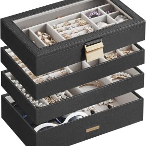 SONGMICS Stackable Jewelry Trays, 4-Tier Jewelry Box, Drawer Jewelry Organizer, with Glass Lid, Removable Dividers, for Vanity Table, 6.7 x 11 x 7.2 Inches, Gift Idea, Ink Black UJBC164B01