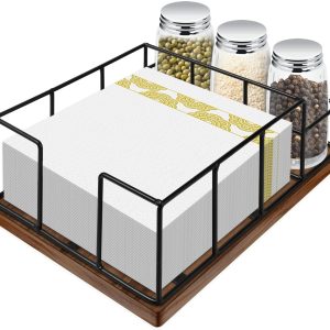 Wooden Napkin Holder with Salt and Pepper Shaker Holder, Metal Napkin Holder for Kitchen Table Decor, Extra Large Simple Napkin Dispenser