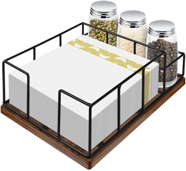 Wooden Napkin Holder with Salt and Pepper Shaker Holder, Metal Napkin Holder for Kitchen Table Decor, Extra Large Simple Napkin Dispenser