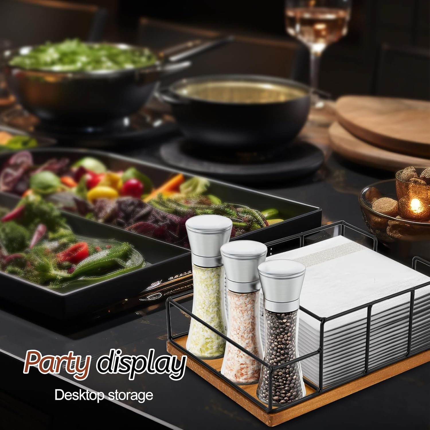 Wooden Napkin Holder with Salt and Pepper Shaker Holder, Metal Napkin Holder for Kitchen Table Decor, Extra Large Simple Napkin Dispenser - Image 2