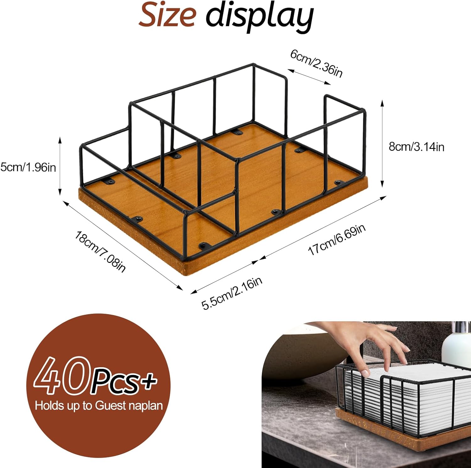 Wooden Napkin Holder with Salt and Pepper Shaker Holder, Metal Napkin Holder for Kitchen Table Decor, Extra Large Simple Napkin Dispenser - Image 3