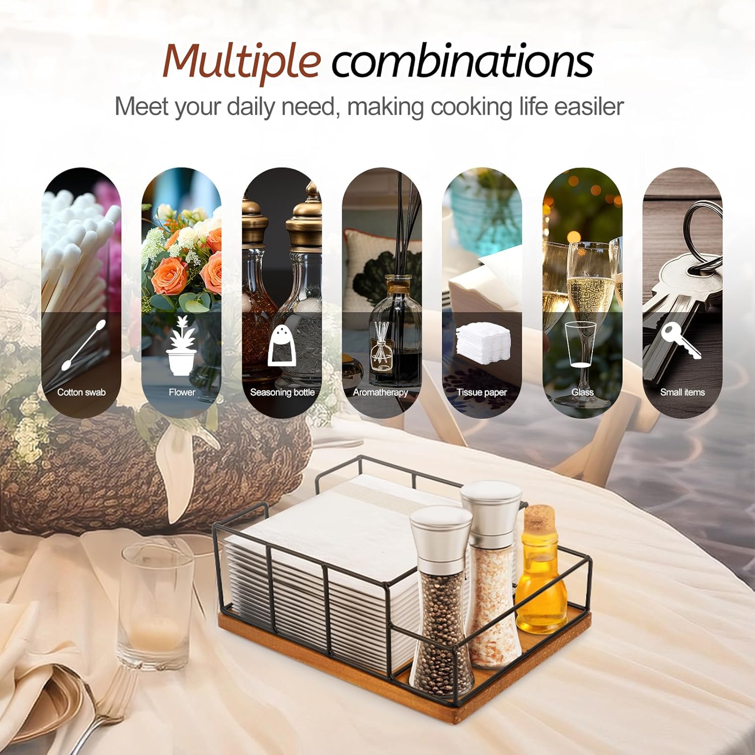 Wooden Napkin Holder with Salt and Pepper Shaker Holder, Metal Napkin Holder for Kitchen Table Decor, Extra Large Simple Napkin Dispenser - Image 5