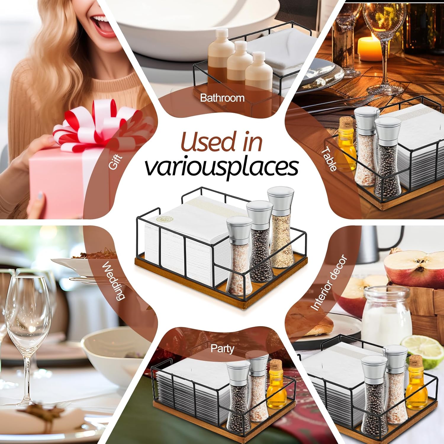 Wooden Napkin Holder with Salt and Pepper Shaker Holder, Metal Napkin Holder for Kitchen Table Decor, Extra Large Simple Napkin Dispenser - Image 6