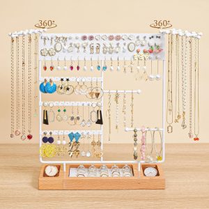 X-cosrack Jewelry Organizer Stand,360° Rotating Necklace Holder with 22Hooks,Jewelry Holder with Ring Tray,Earring Organizer with 105 Holes,4-Tier Earring Holder for Bracelets Watches Storage,White