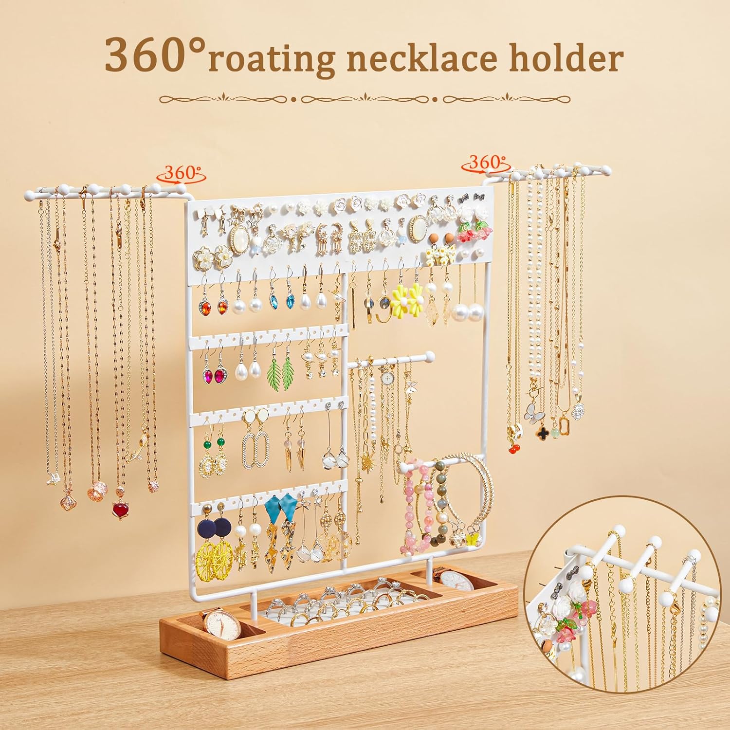 X-cosrack Jewelry Organizer Stand,360° Rotating Necklace Holder with 22Hooks,Jewelry Holder with Ring Tray,Earring Organizer with 105 Holes,4-Tier Earring Holder for Bracelets Watches Storage,White - Image 2