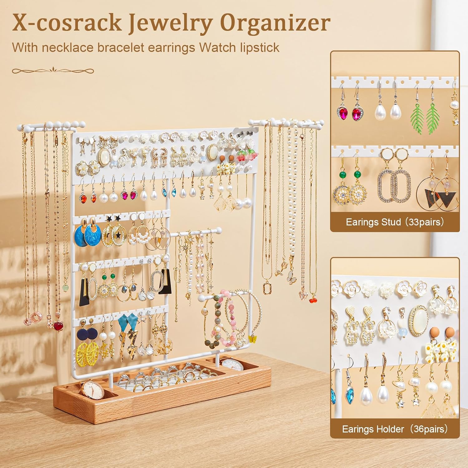 X-cosrack Jewelry Organizer Stand,360° Rotating Necklace Holder with 22Hooks,Jewelry Holder with Ring Tray,Earring Organizer with 105 Holes,4-Tier Earring Holder for Bracelets Watches Storage,White - Image 4