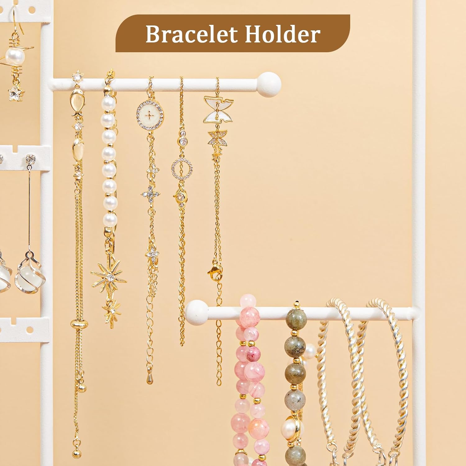 X-cosrack Jewelry Organizer Stand,360° Rotating Necklace Holder with 22Hooks,Jewelry Holder with Ring Tray,Earring Organizer with 105 Holes,4-Tier Earring Holder for Bracelets Watches Storage,White - Image 5