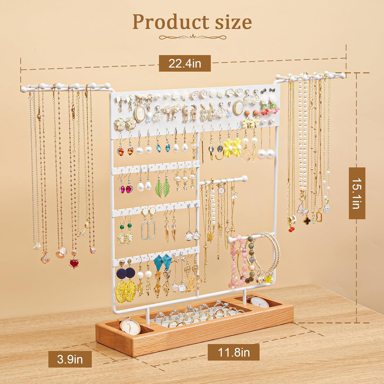 X-cosrack Jewelry Organizer Stand,360° Rotating Necklace Holder with 22Hooks,Jewelry Holder with Ring Tray,Earring Organizer with 105 Holes,4-Tier Earring Holder for Bracelets Watches Storage,White - Image 6